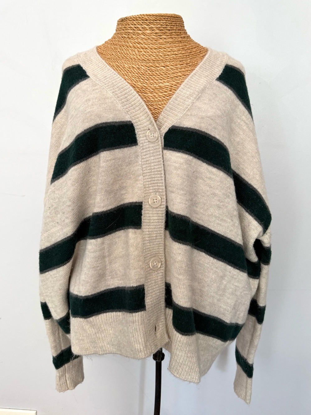 Splendid Beige and Dark Green Striped V-Neck Button Cardigan